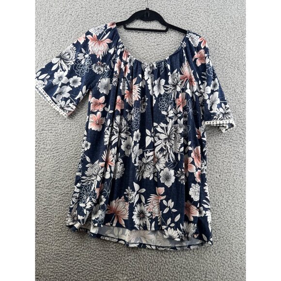 SJS Floral Print Navy Tunic Top With Lace Trim Sleeves Size 1X - Picture 2 of 7